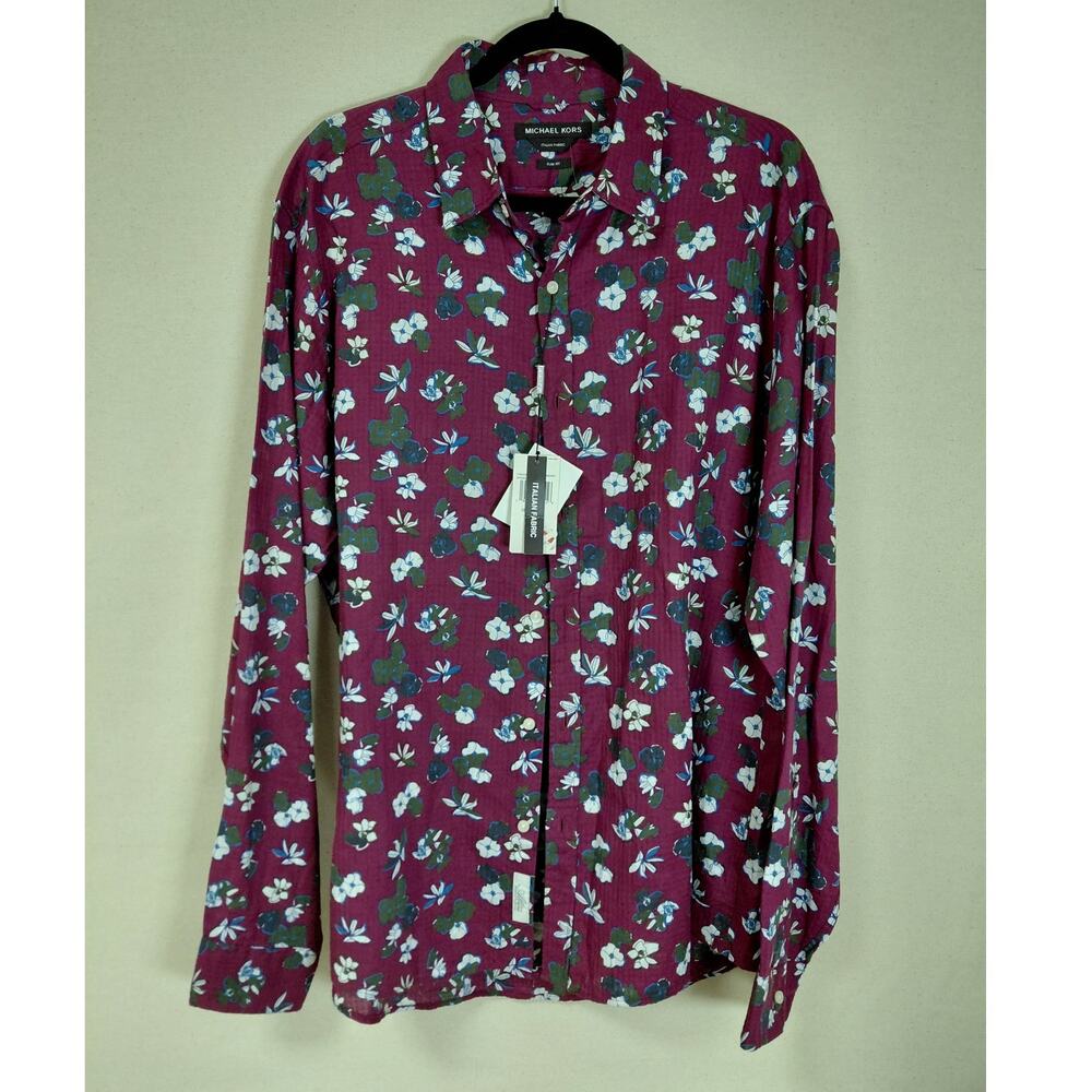 NWT Michael Kors Purple Floral Slim Fit Button-Up Shirt Men Size XL